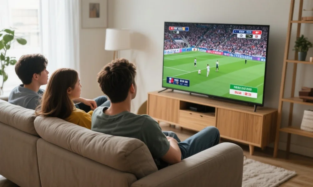 年轻观众在家中舒适沙发上，通过大屏幕电视观看精彩体育直播，神情专注，画面清晰流畅