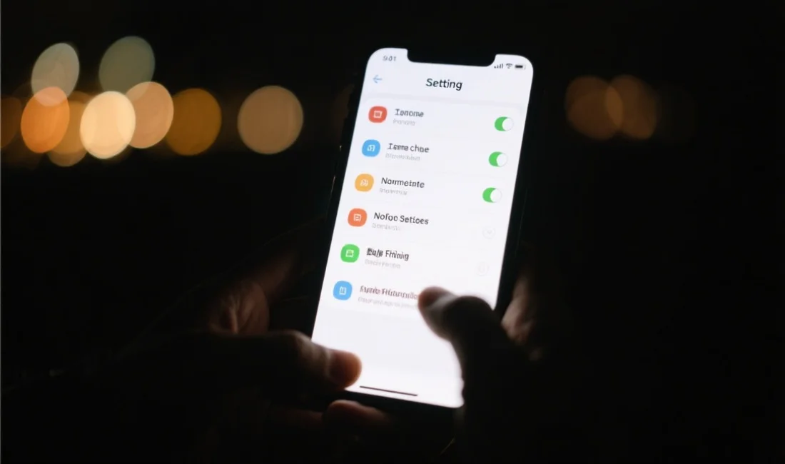 一位用户在夜晚环境下调整手机App的设置页面，屏幕上显示主题切换、通知设置和数据筛选功能